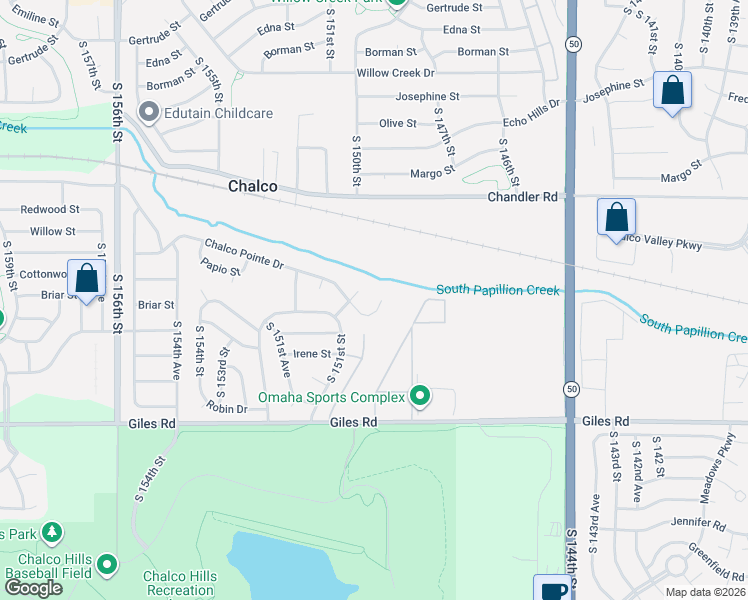 map of restaurants, bars, coffee shops, grocery stores, and more near 15025 Chalco Pointe Circle in Omaha
