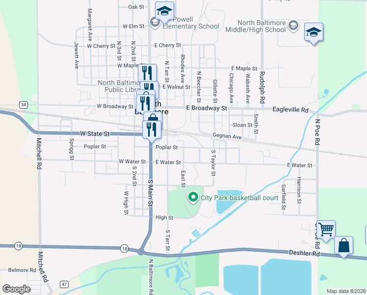 map of restaurants, bars, coffee shops, grocery stores, and more near 113 East Street in North Baltimore