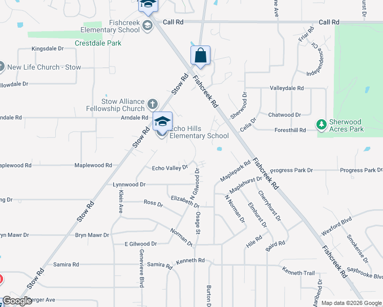 map of restaurants, bars, coffee shops, grocery stores, and more near 2387 Echo Valley Drive in Stow