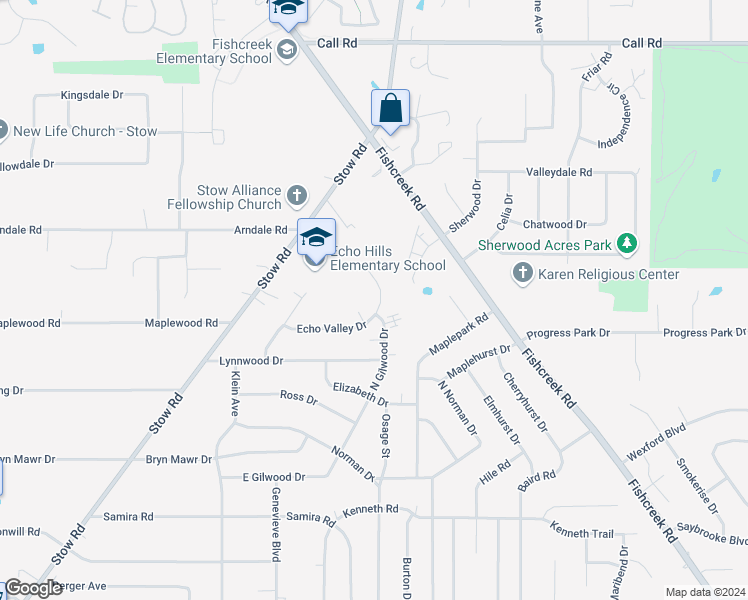 map of restaurants, bars, coffee shops, grocery stores, and more near 2389 Echo Valley Drive in Stow