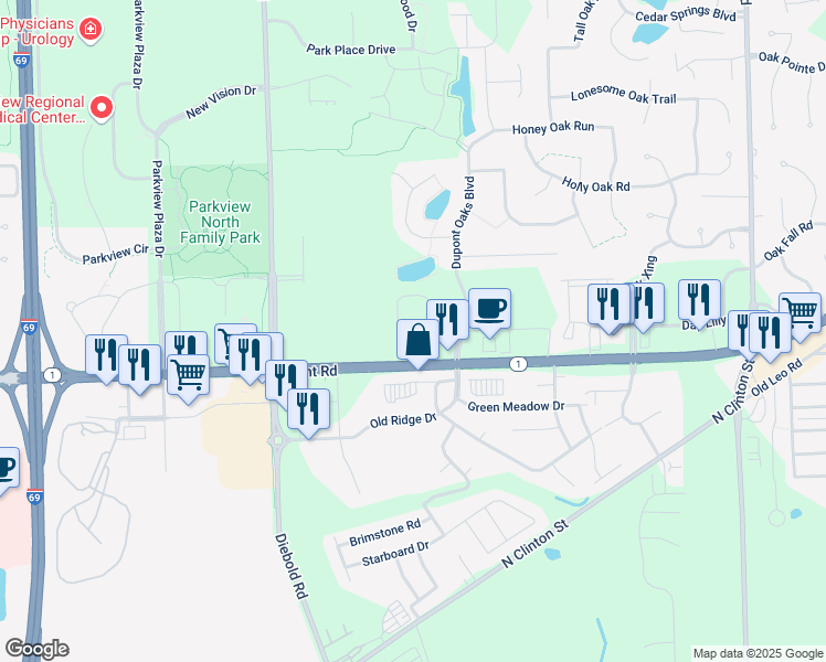 map of restaurants, bars, coffee shops, grocery stores, and more near 10445 Dupont Oaks Boulevard in Fort Wayne