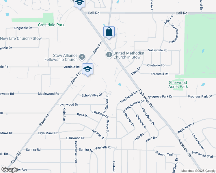 map of restaurants, bars, coffee shops, grocery stores, and more near 2424 Echo Valley Drive in Stow