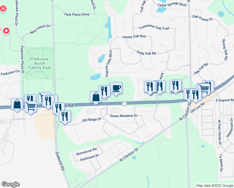map of restaurants, bars, coffee shops, grocery stores, and more near 4713 East Dupont Road in Fort Wayne