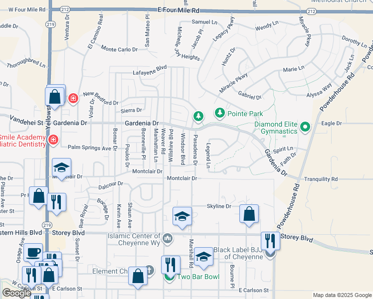 map of restaurants, bars, coffee shops, grocery stores, and more near 6920-6926 Windsor Boulevard in Cheyenne