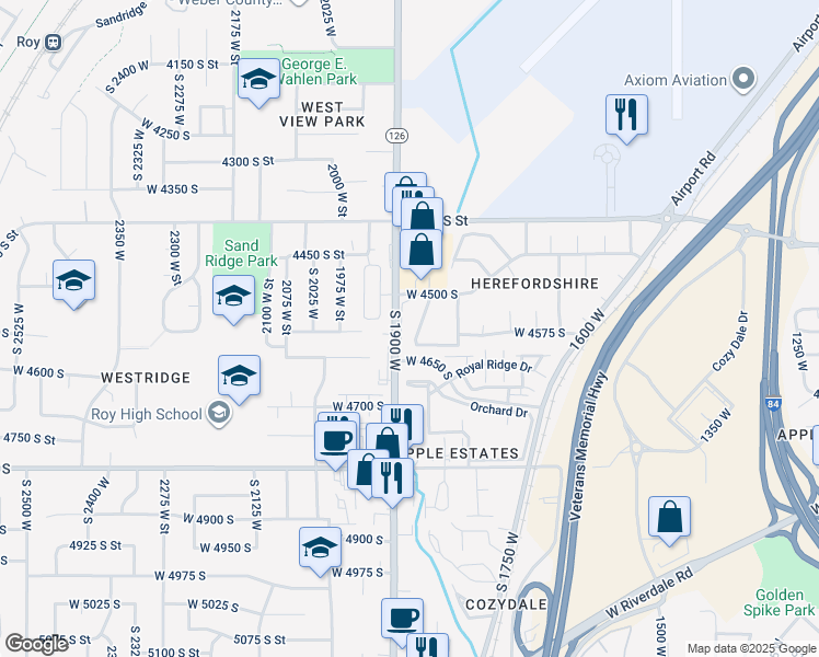 map of restaurants, bars, coffee shops, grocery stores, and more near 4536 South 1900 West in Roy