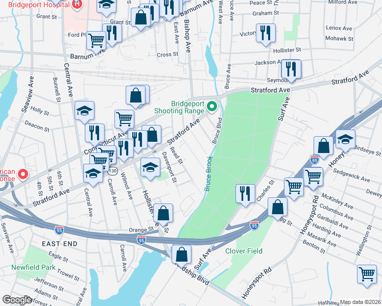 map of restaurants, bars, coffee shops, grocery stores, and more near 85 Miles Street in Bridgeport