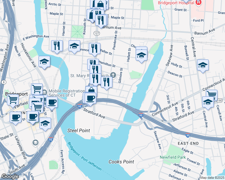 map of restaurants, bars, coffee shops, grocery stores, and more near 520 Pembroke Street in Bridgeport