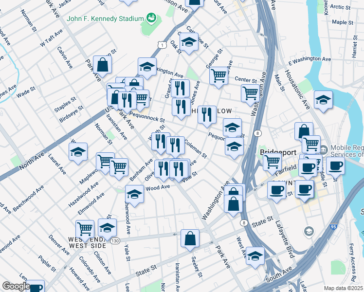 map of restaurants, bars, coffee shops, grocery stores, and more near 364 Benham Avenue in Bridgeport