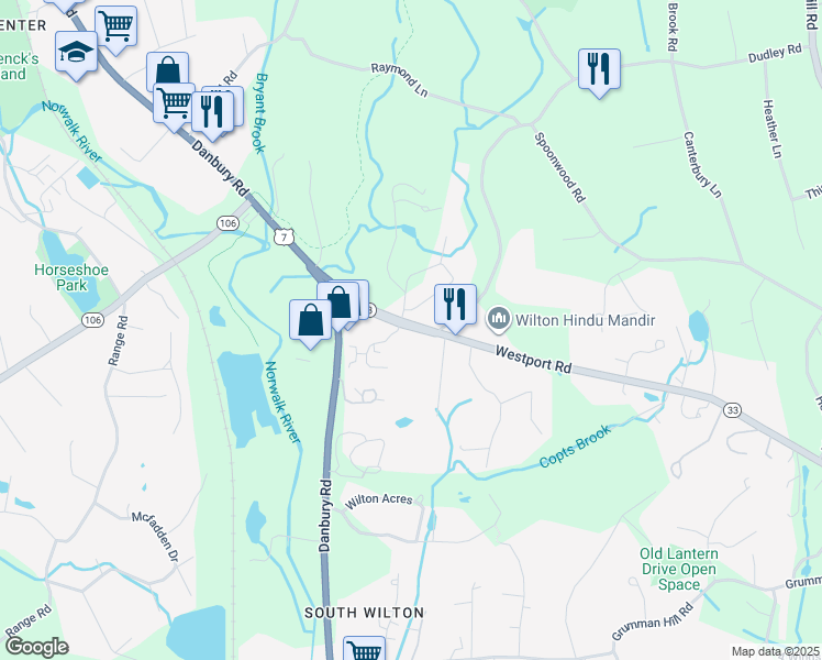 map of restaurants, bars, coffee shops, grocery stores, and more near 22-28 Westport Rd in Wilton