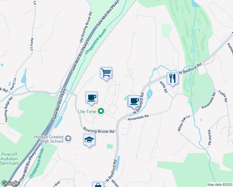 map of restaurants, bars, coffee shops, grocery stores, and more near 480 Bedford Road in Chappaqua