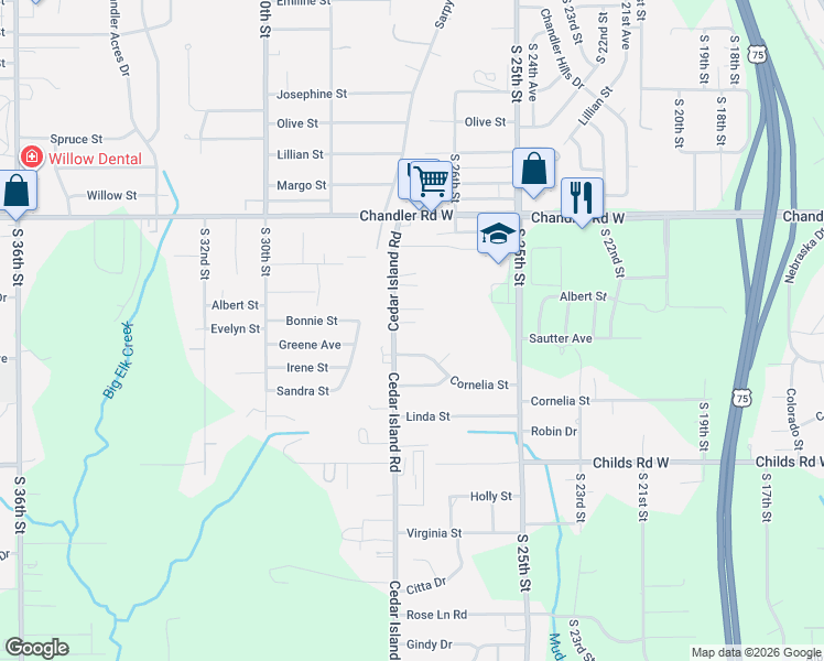 map of restaurants, bars, coffee shops, grocery stores, and more near 7951 Cedar Island Road in Omaha