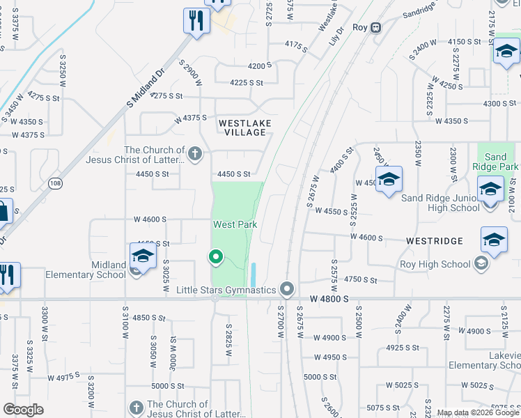 map of restaurants, bars, coffee shops, grocery stores, and more near 4553 Trailside Drive in Roy