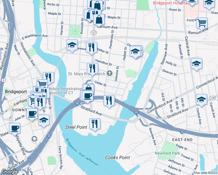 map of restaurants, bars, coffee shops, grocery stores, and more near 520 Pembroke Street in Bridgeport
