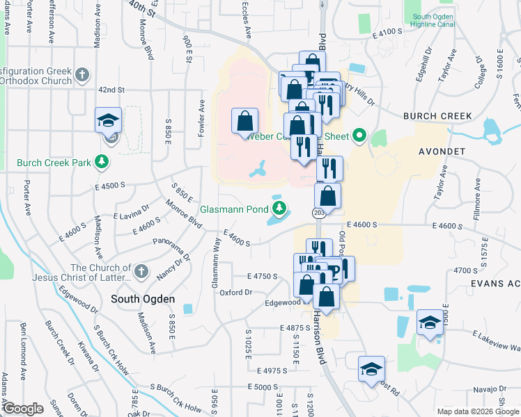 map of restaurants, bars, coffee shops, grocery stores, and more near 1079 4525 South Street in Ogden
