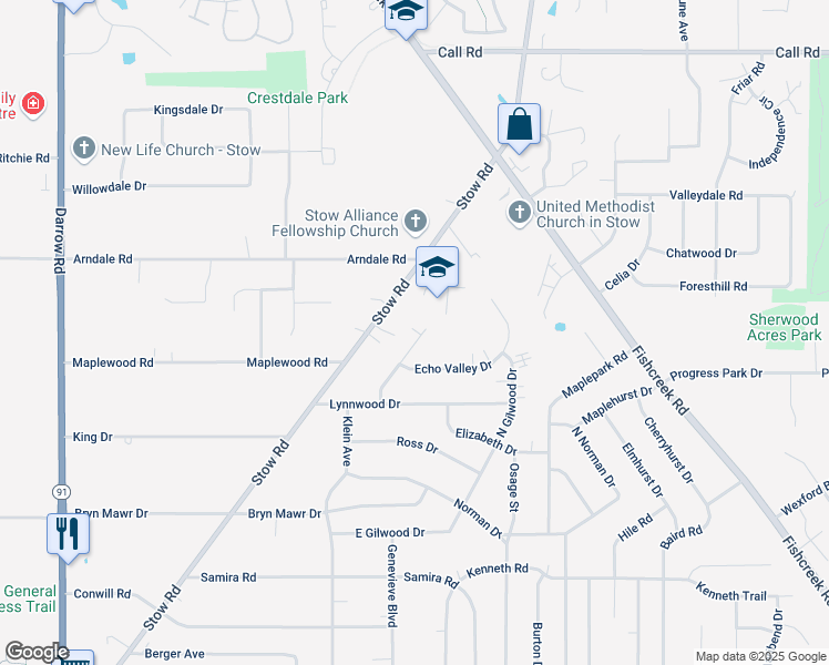 map of restaurants, bars, coffee shops, grocery stores, and more near 4336 Lorwood Drive in Stow