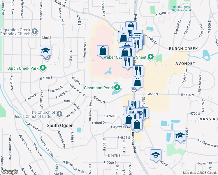map of restaurants, bars, coffee shops, grocery stores, and more near 1079 4525 South Street in Ogden