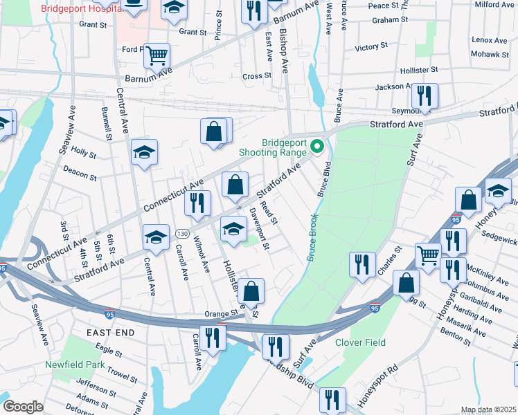 map of restaurants, bars, coffee shops, grocery stores, and more near 1708 Stratford Avenue in Bridgeport