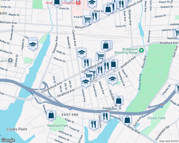 map of restaurants, bars, coffee shops, grocery stores, and more near in Bridgeport