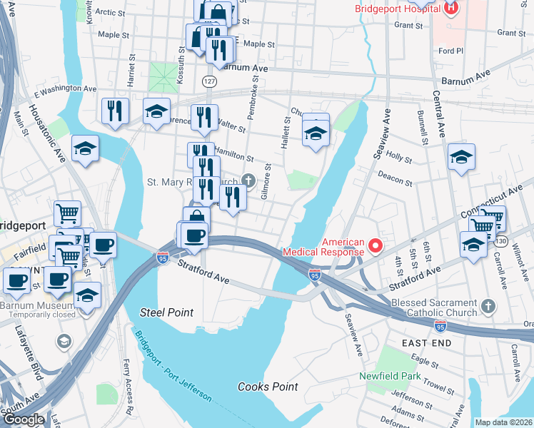 map of restaurants, bars, coffee shops, grocery stores, and more near 251 Hough Avenue in Bridgeport