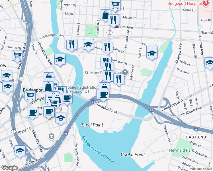 map of restaurants, bars, coffee shops, grocery stores, and more near 150 Kossuth Street in Bridgeport