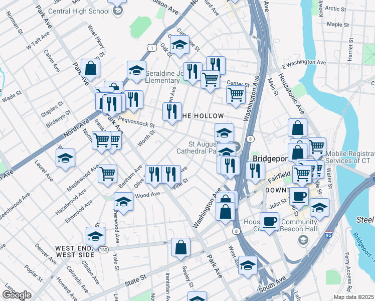 map of restaurants, bars, coffee shops, grocery stores, and more near in Bridgeport
