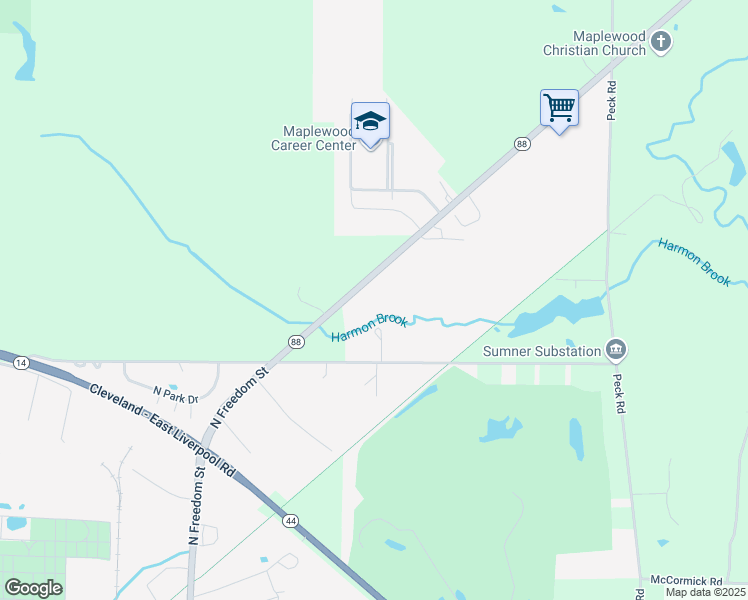 map of restaurants, bars, coffee shops, grocery stores, and more near 7007 Ohio 88 in Ravenna