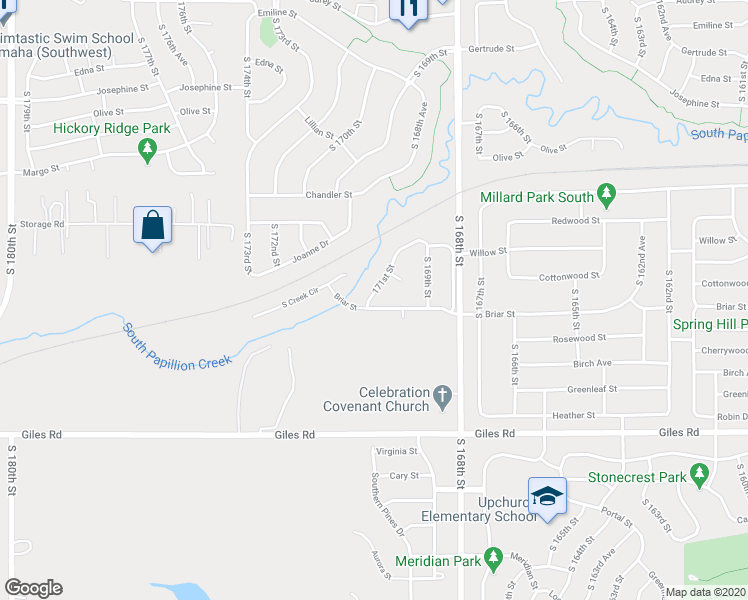 map of restaurants, bars, coffee shops, grocery stores, and more near 7951 171st Street in Omaha
