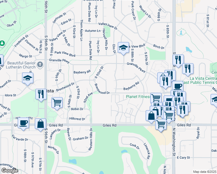 map of restaurants, bars, coffee shops, grocery stores, and more near 9010 Honey Locust Drive in La Vista