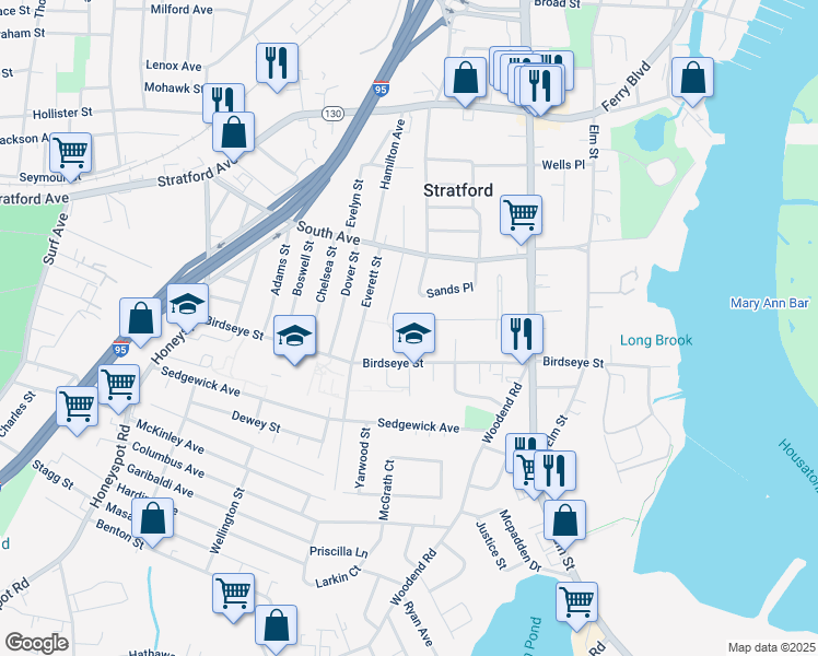 map of restaurants, bars, coffee shops, grocery stores, and more near 30 Taft Street in Stratford