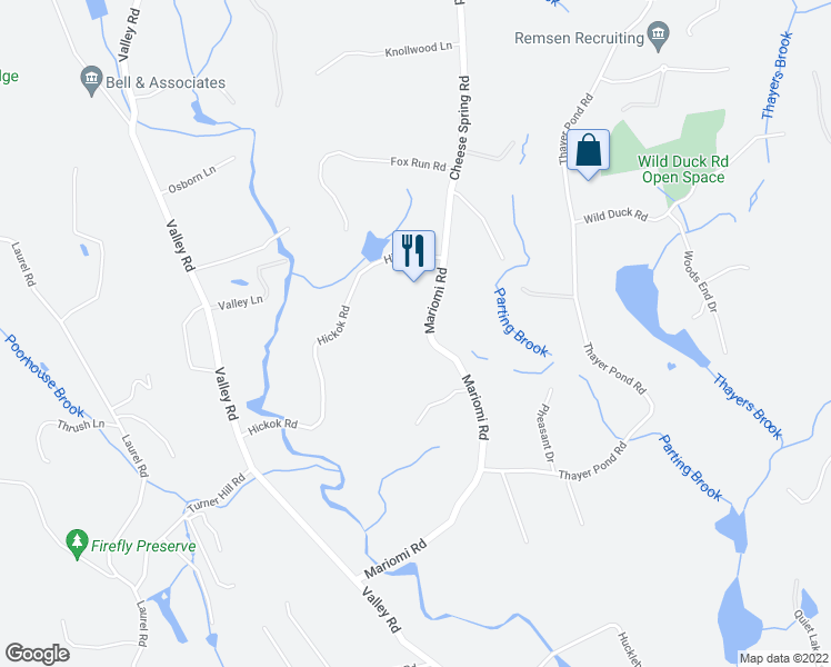 map of restaurants, bars, coffee shops, grocery stores, and more near 282 Mariomi Road in New Canaan