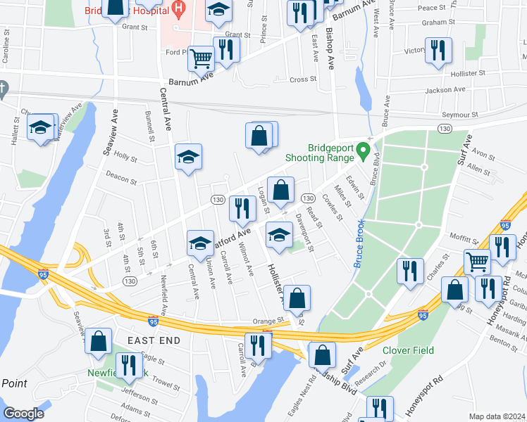 map of restaurants, bars, coffee shops, grocery stores, and more near 421 Logan Street in Bridgeport