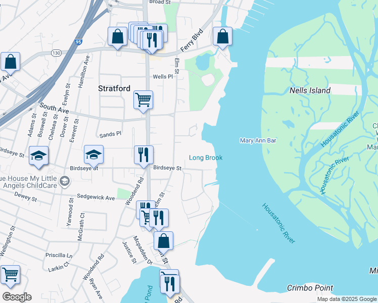 map of restaurants, bars, coffee shops, grocery stores, and more near 1460 Elm Street in Stratford