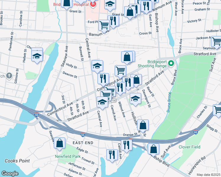 map of restaurants, bars, coffee shops, grocery stores, and more near in Bridgeport