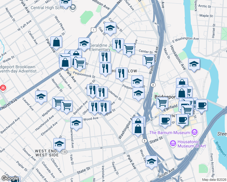 map of restaurants, bars, coffee shops, grocery stores, and more near in Bridgeport