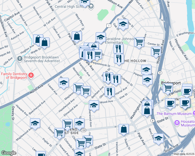 map of restaurants, bars, coffee shops, grocery stores, and more near in Bridgeport