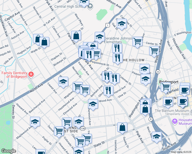 map of restaurants, bars, coffee shops, grocery stores, and more near in Bridgeport