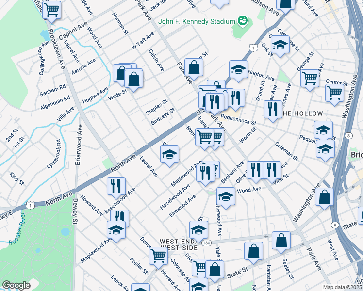map of restaurants, bars, coffee shops, grocery stores, and more near 170 Beechwood Avenue in Bridgeport