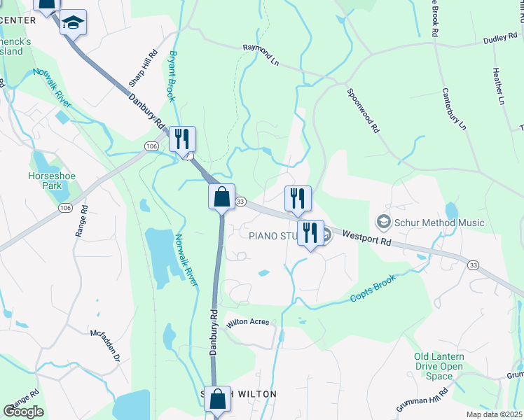 map of restaurants, bars, coffee shops, grocery stores, and more near 22-28 Westport Rd in Wilton