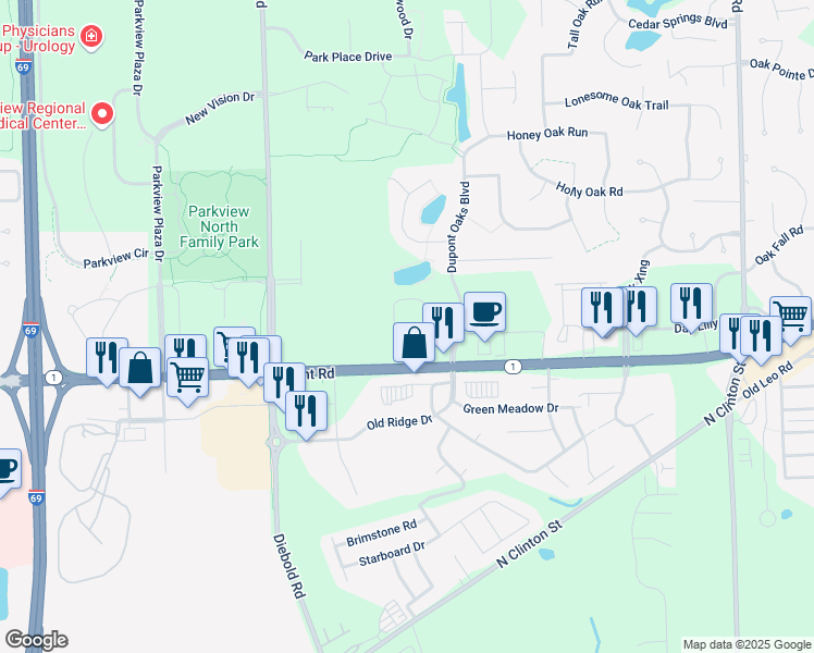 map of restaurants, bars, coffee shops, grocery stores, and more near 10445 Dupont Oaks Boulevard in Fort Wayne