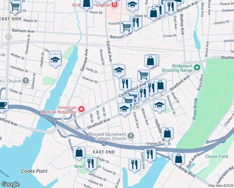 map of restaurants, bars, coffee shops, grocery stores, and more near 994 Central Avenue in Bridgeport