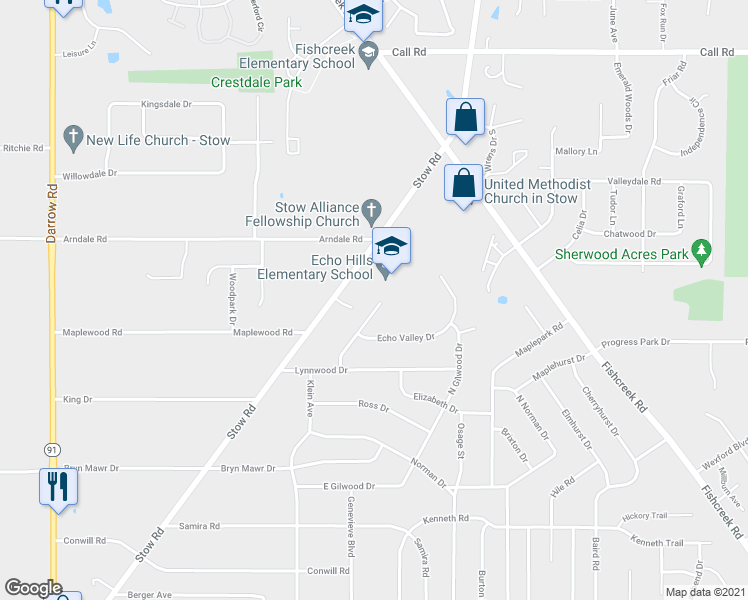 map of restaurants, bars, coffee shops, grocery stores, and more near 4344 Lorwood Drive in Stow