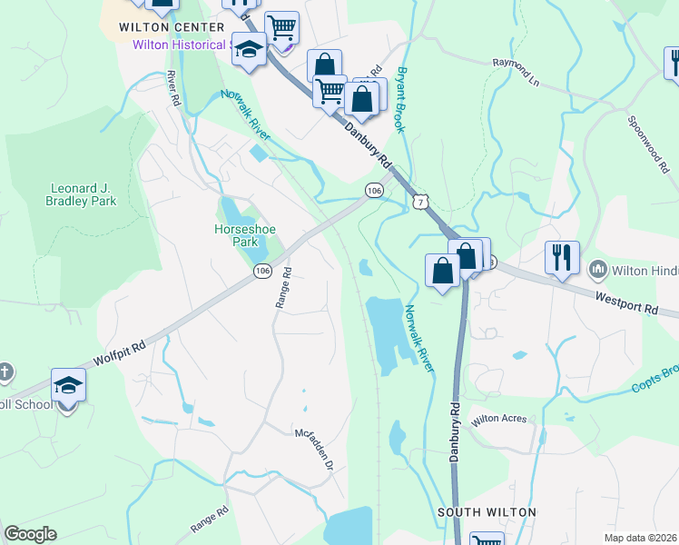 map of restaurants, bars, coffee shops, grocery stores, and more near 51 Wolfpit Road in Wilton