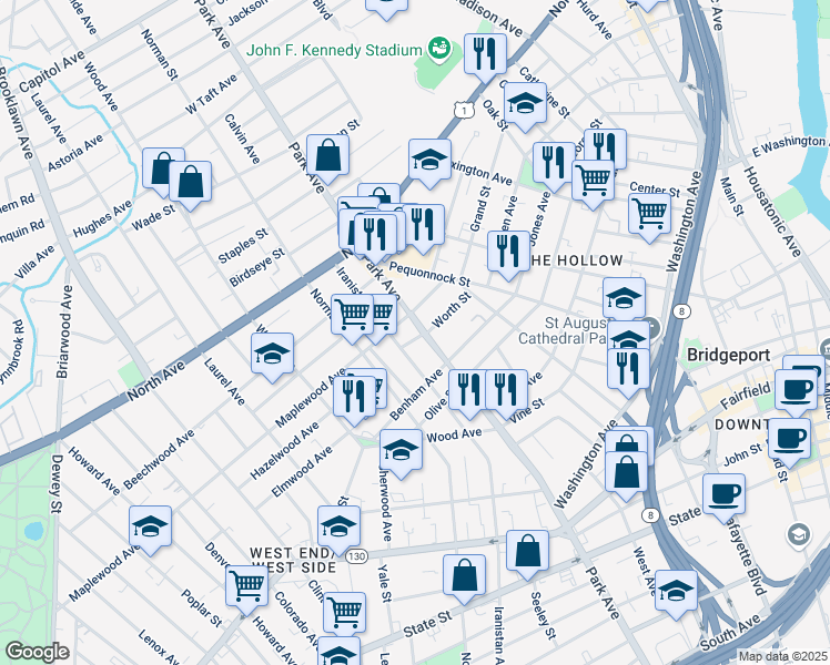 map of restaurants, bars, coffee shops, grocery stores, and more near 1515 Park Avenue in Bridgeport