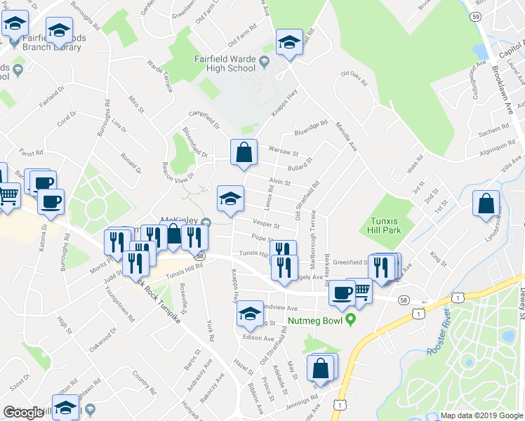 map of restaurants, bars, coffee shops, grocery stores, and more near 111 Cardinal Street in Fairfield