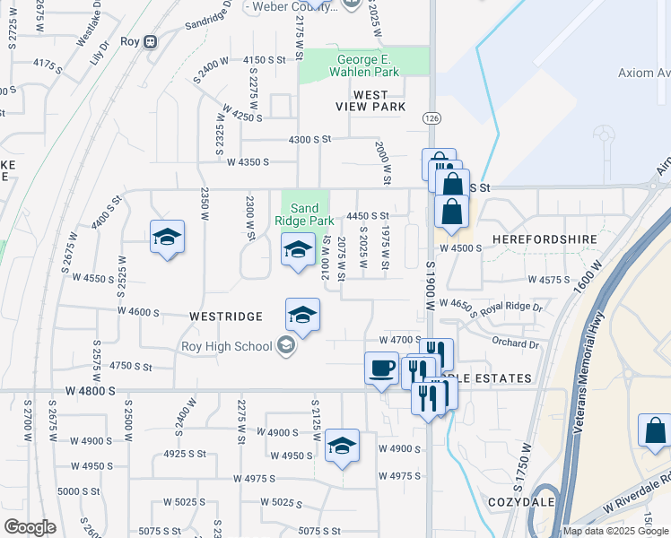 map of restaurants, bars, coffee shops, grocery stores, and more near 4533 2075 West Street in Roy