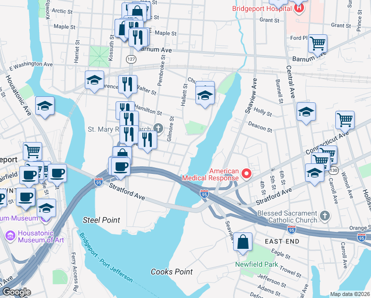 map of restaurants, bars, coffee shops, grocery stores, and more near 157 Sherman Street in Bridgeport