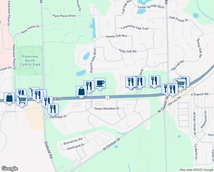 map of restaurants, bars, coffee shops, grocery stores, and more near 4851 East Dupont Road in Fort Wayne
