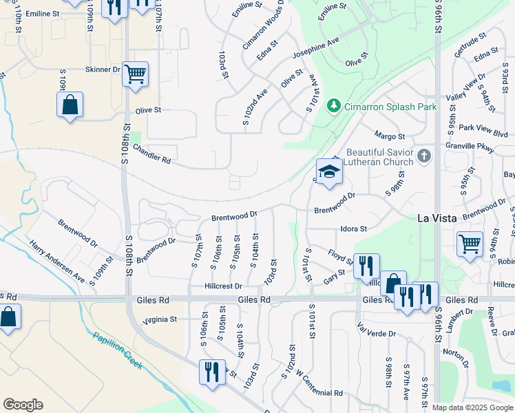 map of restaurants, bars, coffee shops, grocery stores, and more near 10320 Brentwood Drive in La Vista
