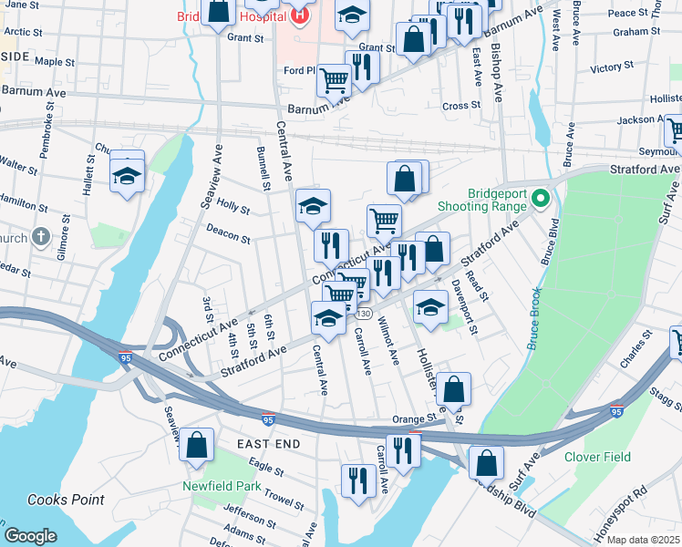 map of restaurants, bars, coffee shops, grocery stores, and more near in Bridgeport