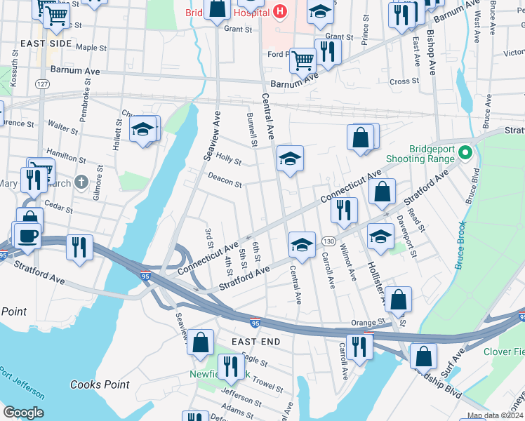 map of restaurants, bars, coffee shops, grocery stores, and more near 212 Bunnell Street in Bridgeport
